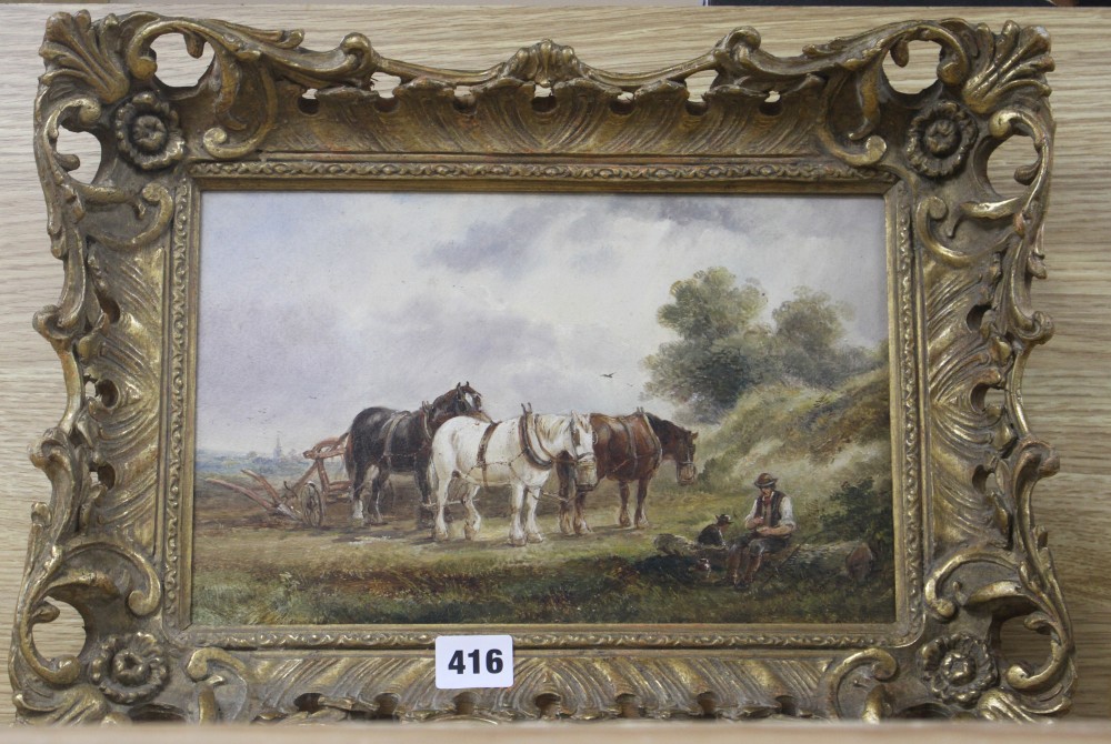Henry Earp Snr. (1831-1914) oil on panel, Plough horses at rest, signed, 18 x 28.5cm